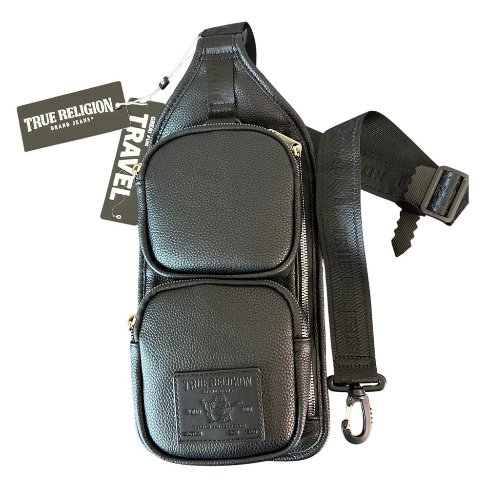 NWT True Religion Stone Black Pebbled Faux Leather Sling Crossbody Bag